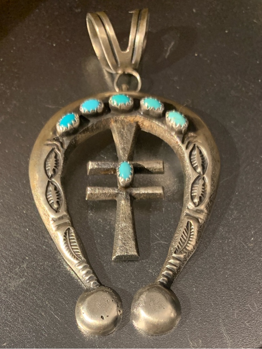 Navajo Unisex Sterling Turquoise Pueblo Cross Naja Signed 32 grams